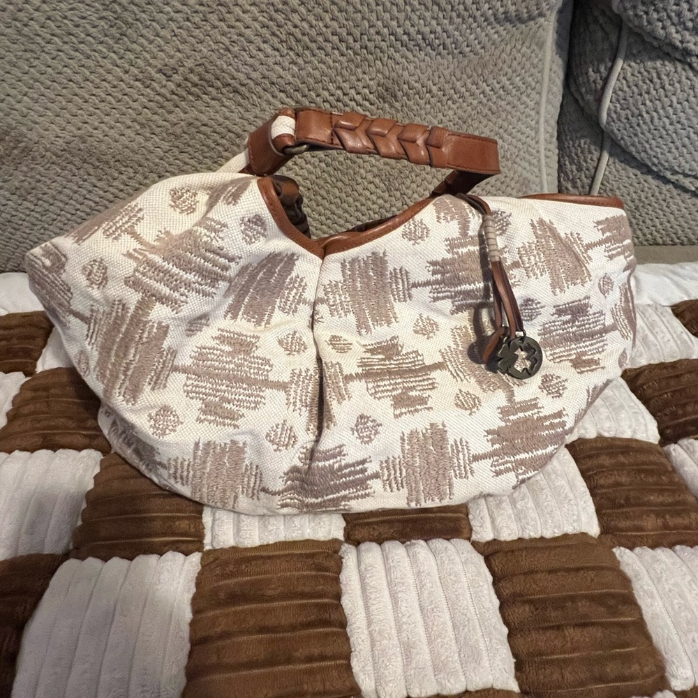 Lucky Brand Cream and Tan Linen Tote VGUC!